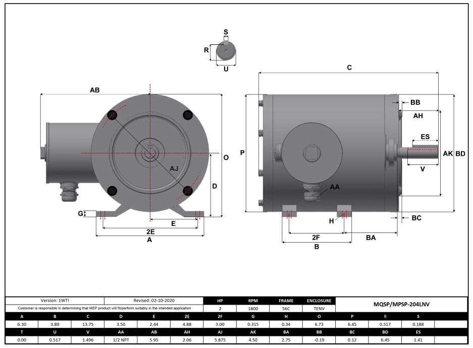 Stainless Steel Motor 2HP, 1800RPM, 208-230/460V, Frame 56C, TENV, Rigid Base | MQSP-204LNV - Forces Inc