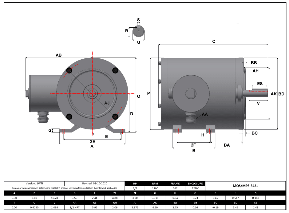 Stainless Steel Motor 3/4HP, 1200RPM, 208-230/460V, Frame 56C, TENV, Rigid Base | MQS-346L - Forces Inc