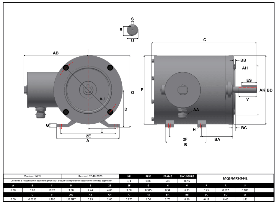 Stainless Steel Motor 3/4HP, 1800RPM, 208-230/460V, Frame 56C, TENV, Rigid Base | MQS-344L - Forces Inc