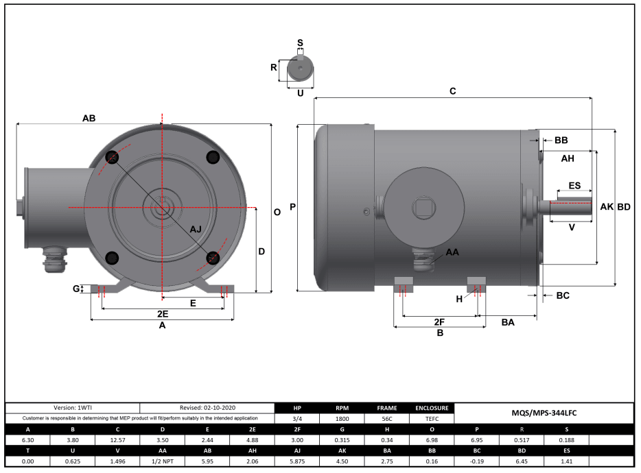 Stainless Steel Motor 3/4HP, 1800RPM, 575V, Frame 56C, TEFC, Rigid Base | MPS-344LFC - Forces Inc