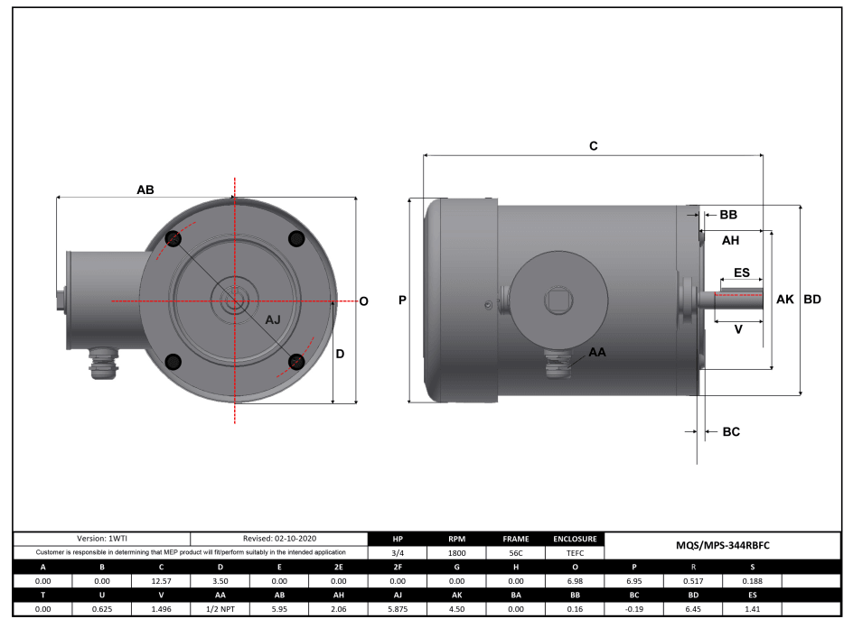 Stainless Steel Motor 3/4HP, 1800RPM, 575V, Frame 56C, TEFC, Round Body | MPS-344RBFC - Forces Inc