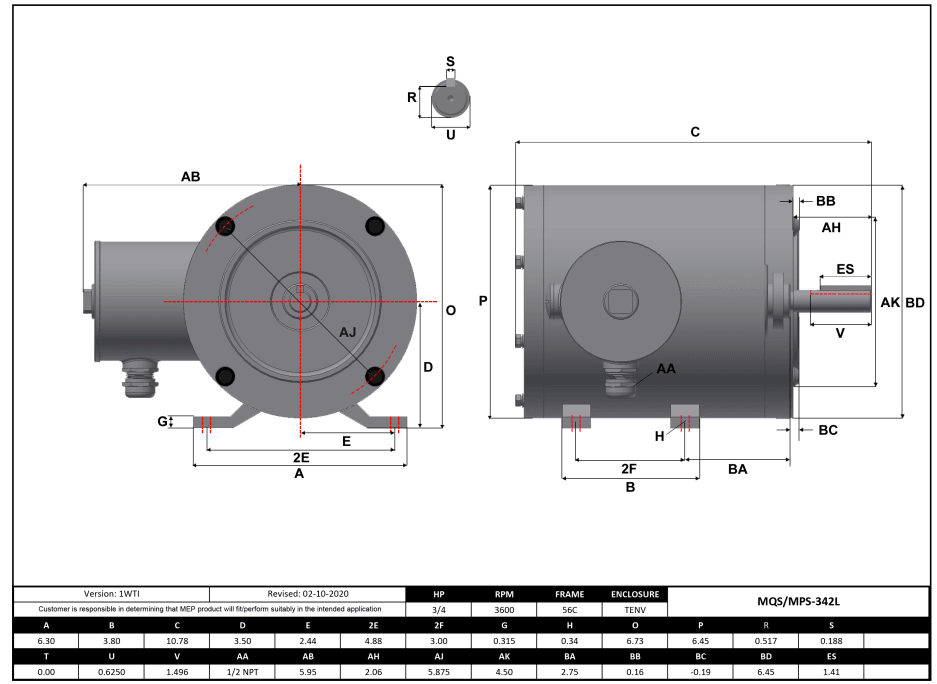 Stainless Steel Motor 3/4HP, 3600RPM, 208-230/460V, Frame 56C, TENV, Rigid Base | MQS-342L - Forces Inc
