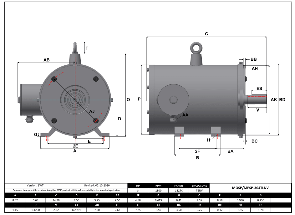 Stainless Steel Motor 3HP, 1800RPM, 208-230/460V, Frame 182TC, TENV, Rigid Base | MQSP-304TLNV - Forces Inc