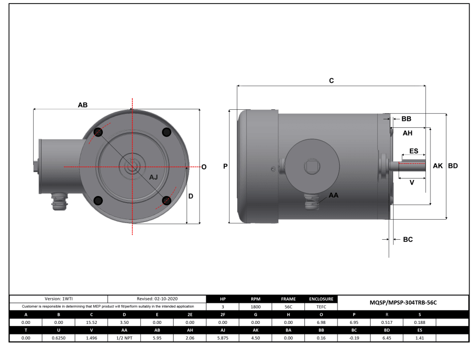 Stainless Steel Motor 3HP, 1800RPM, 208-230/460V, Frame 56C, TEFC, Rigid Base | MQSP-304TRB-56C - Forces Inc