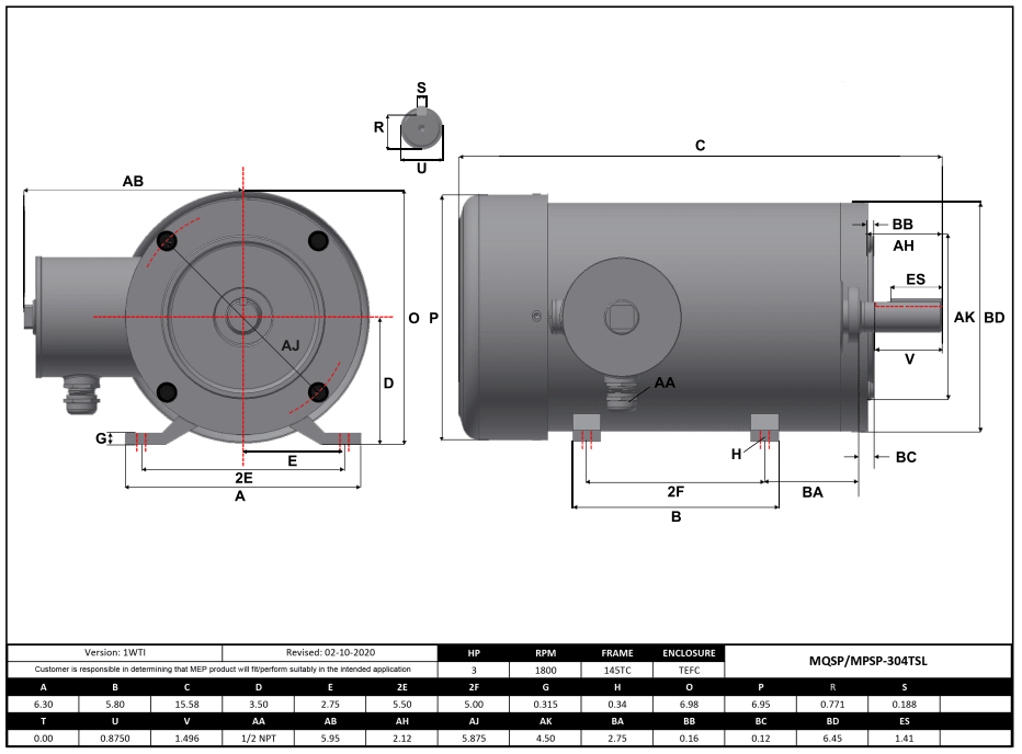 Stainless Steel Motor 3HP, 1800RPM, 575V, Frame 145TC, TEFC, Rigid Base | MPSP-304TSL - Forces Inc
