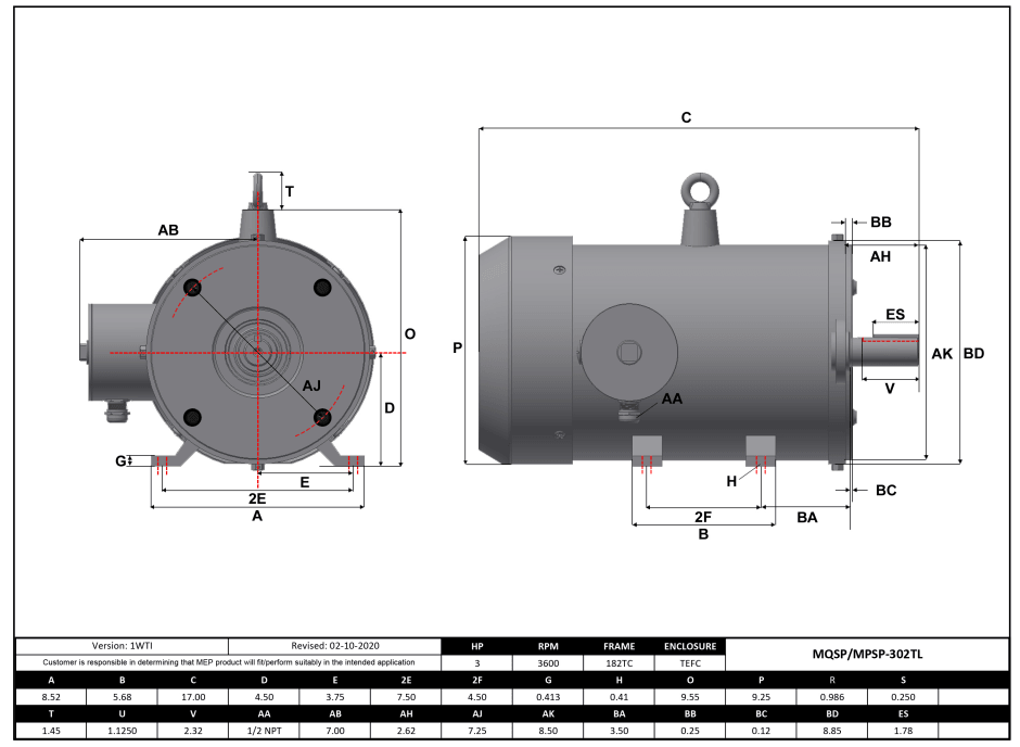 Stainless Steel Motor 3HP, 3600RPM, 208-230/460V, Frame 182TC, TEFC, Rigid Base | MQSP-302TL - Forces Inc