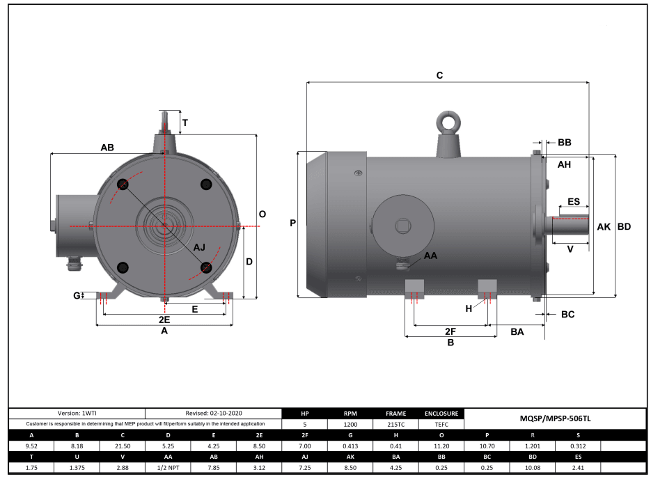 Stainless Steel Motor 5HP, 1200RPM, 208-230/460V, Frame 215TC, TEFC, Rigid Base | MQSP-506TL - Forces Inc