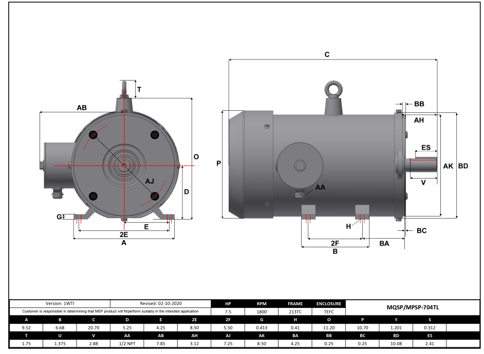 Stainless Steel Motor 7.5HP, 1800RPM, 575V, Frame 213TC, TEFC, Rigid Base | MPSP-704TL - Forces Inc