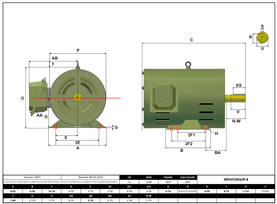 T-Frame Motor 1.5HP, 1200RPM, 208-230/460V, Frame 182T, ODP, Rolled Steel | MQOP-8 - Forces Inc