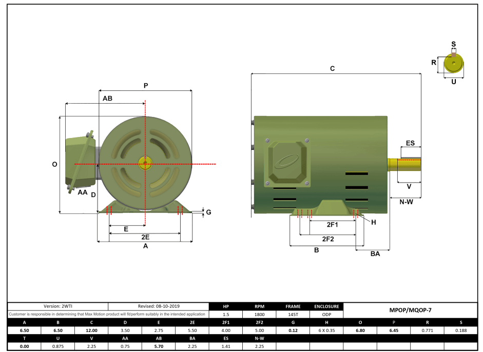 T-Frame Motor 1.5HP, 1800RPM, 208-230/460V, Frame 144T, ODP, Rolled Steel | MQOP-7 - Forces Inc