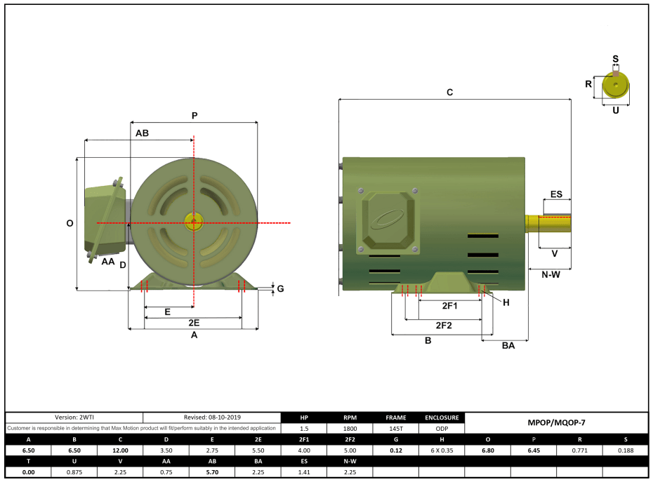 T-Frame Motor 1.5HP, 1800RPM, 575V, Frame 145T, ODP, Rolled Steel | MPOP-7 - Forces Inc