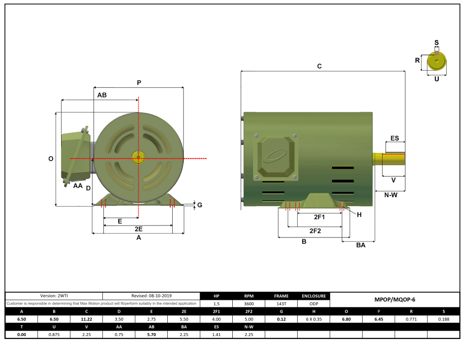 T-Frame Motor 1.5HP, 3600RPM, 208-230/460V, Frame 143T, ODP, Rolled Steel | MQOP-6 - Forces Inc