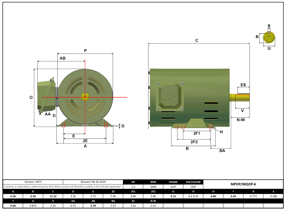 T-Frame Motor 1.5HP, 3600RPM, 575V, Frame 143T, ODP, Rolled Steel | MPOP-6 - Forces Inc