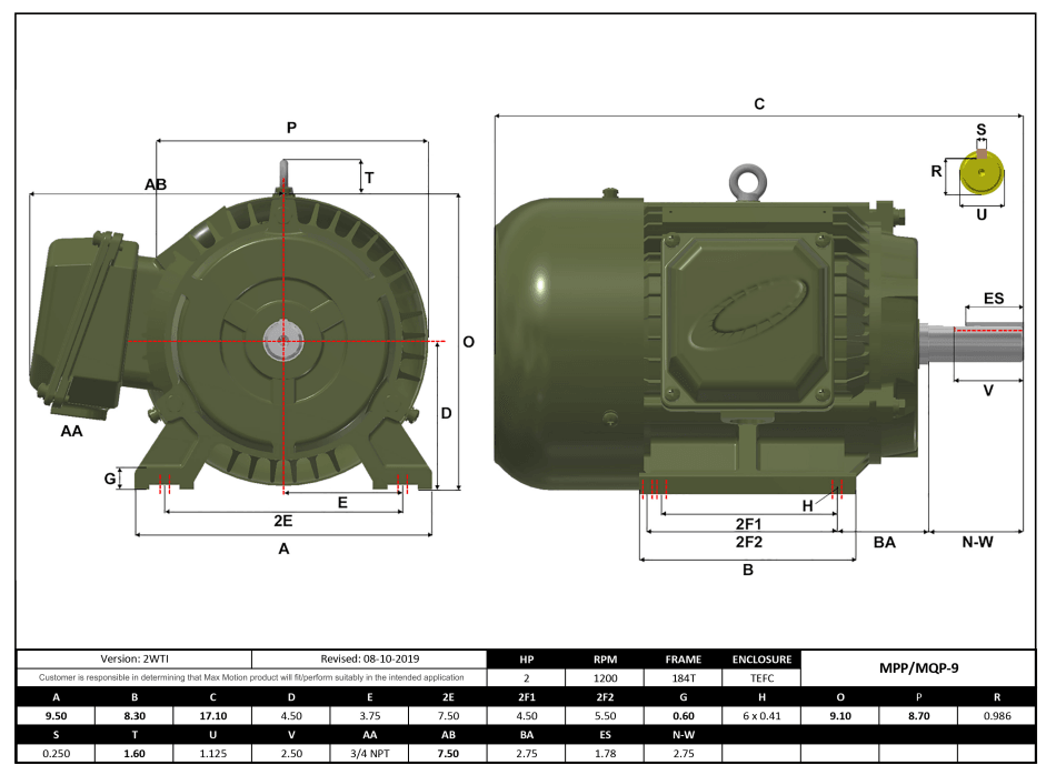 T-Frame Motor 1.5HP, 900RPM, 575V, Frame 184T, TEFC, Cast Iron | MPP-9 - Forces Inc
