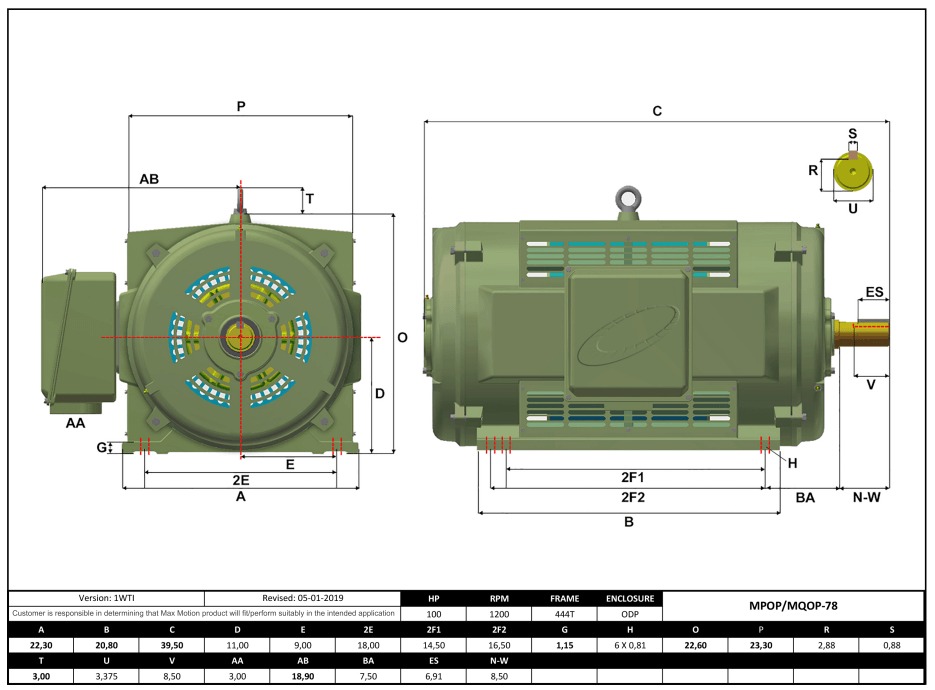 T-Frame Motor 100HP, 1200RPM, 575V, Frame 444T, ODP, Cast Iron | MPOP-78 - Forces Inc