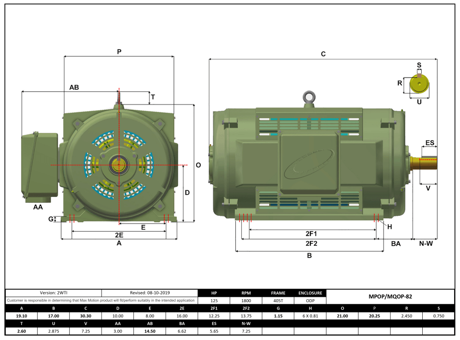 T-Frame Motor 125HP, 1800RPM, 460V, Frame 405T, ODP, Cast Iron | MQOP-82 - Forces Inc