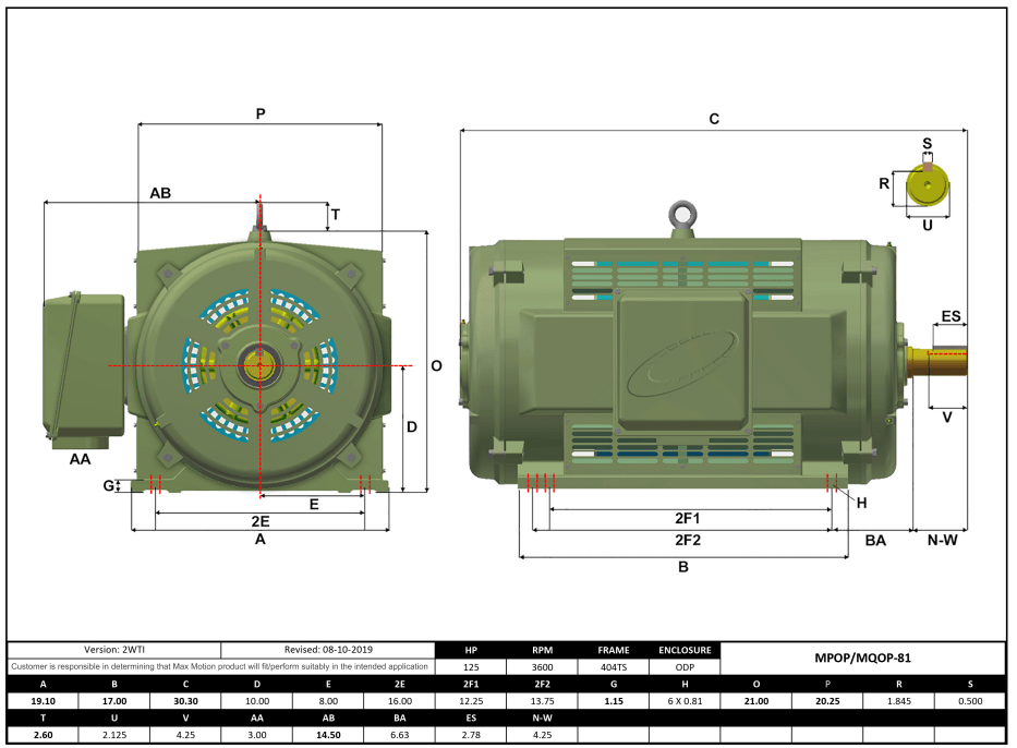 T-Frame Motor 125HP, 3600RPM, 460V, Frame 404TS, ODP, Cast Iron | MQOP-81 - Forces Inc