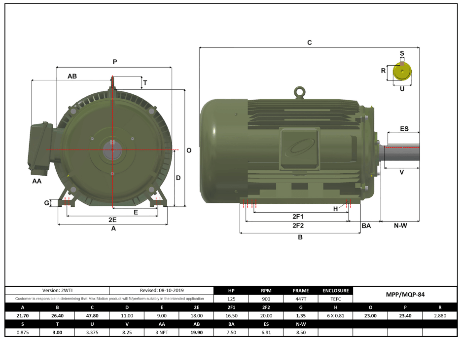 T-Frame Motor 125HP, 900RPM, 460V, Frame 447T, TEFC, Cast Iron | MQP-84 - Forces Inc