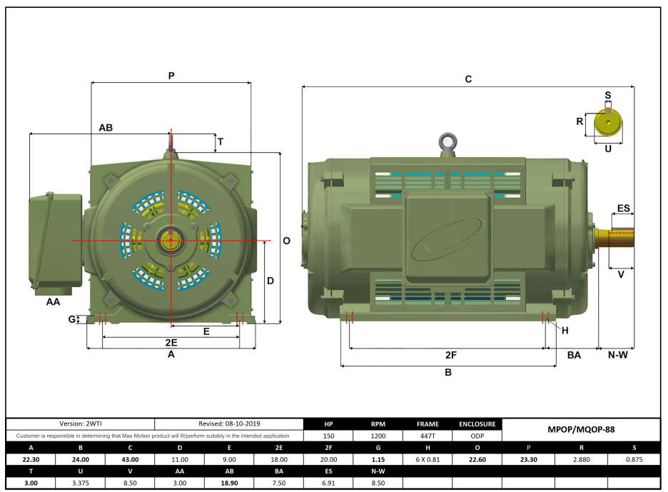 T-Frame Motor 150HP, 1200RPM, 460V, Frame 447T, ODP, Cast Iron | MQOP-88 - Forces Inc