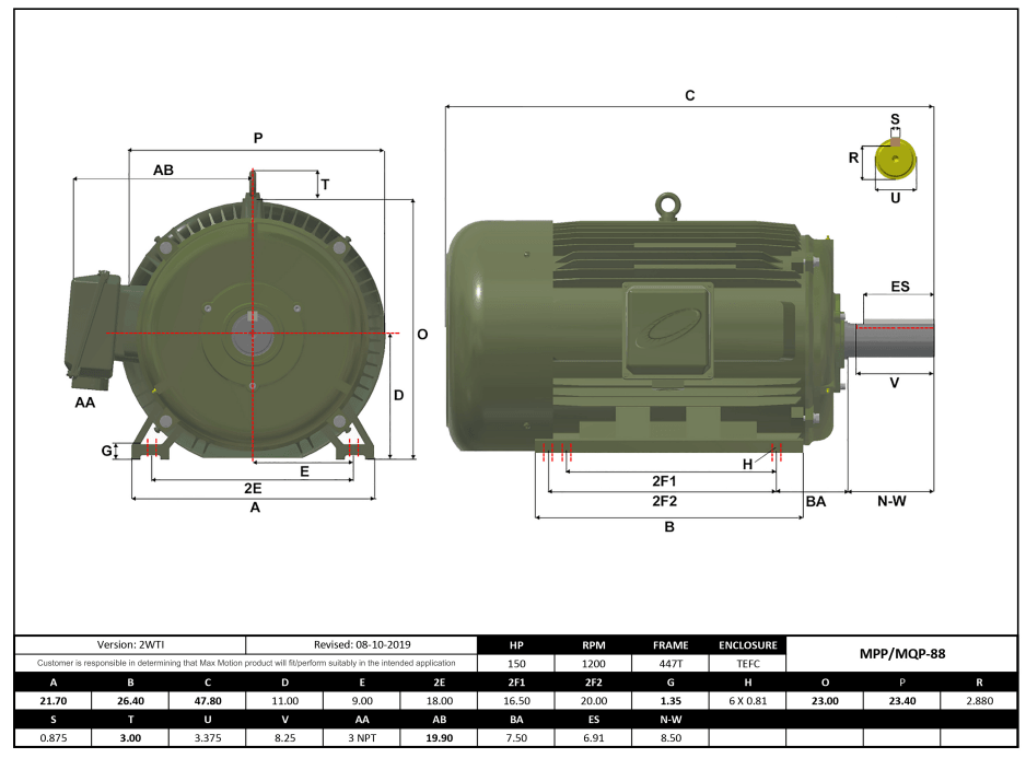 T-Frame Motor 150HP, 1200RPM, 460V, Frame 447T, TEFC, Cast Iron | MQP-88 - Forces Inc