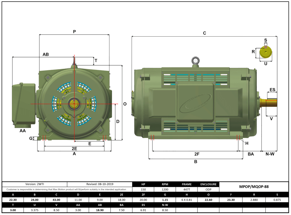 T-Frame Motor 150HP, 1200RPM, 575V, Frame 447T, ODP, Cast Iron | MPOP-88 - Forces Inc
