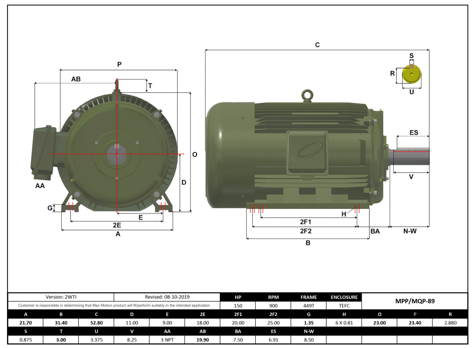 T-Frame Motor 150HP, 900RPM, 575V, Frame 449T, TEFC, Cast Iron | MPP-89 - Forces Inc
