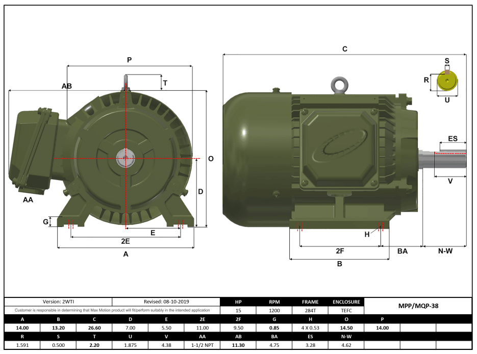T-Frame Motor 15HP, 1200RPM, 208-230/460V, Frame 284T, TEFC, Cast Iron | MQP-38 - Forces Inc