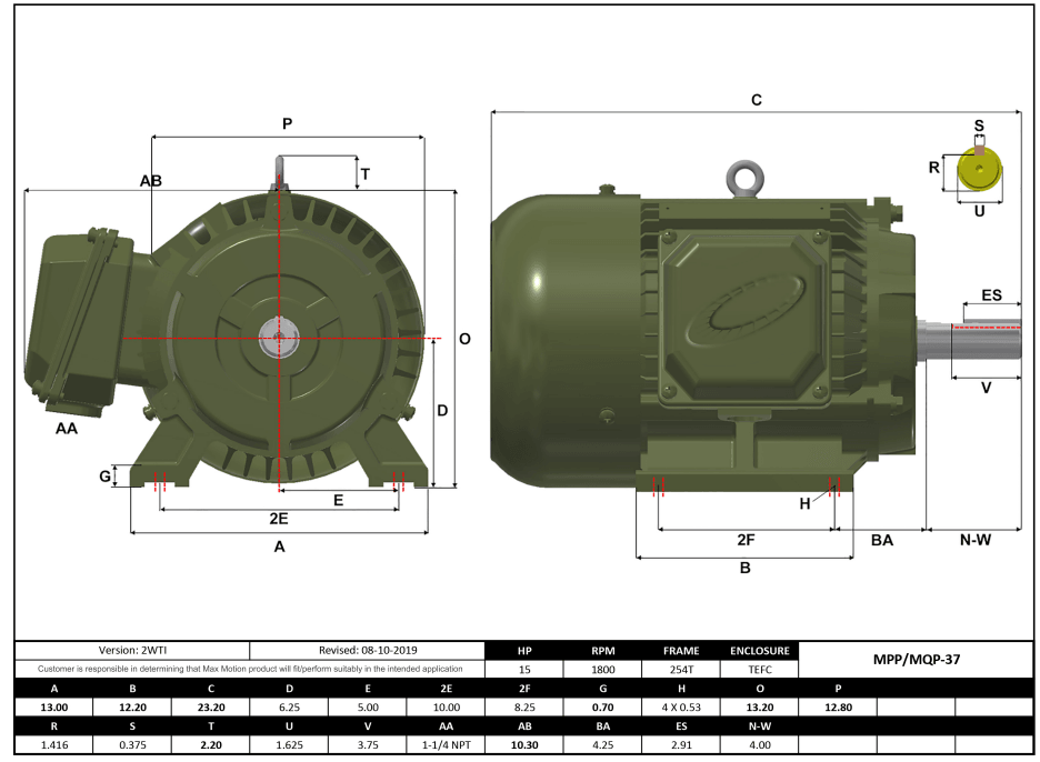 T-Frame Motor 15HP, 1800RPM, 575V, Frame 254T, TEFC, Cast Iron | MPP-37 - Forces Inc