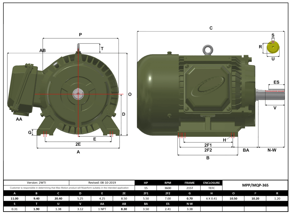 T-Frame Motor 15HP, 3600RPM, 208-230/460V, Frame 254T, TEFC, Cast Iron | MQP-36 - Forces Inc