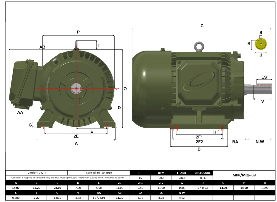 T-Frame Motor 15HP, 900RPM, 575V, Frame 286T, TEFC, Cast Iron | MPP-39 - Forces Inc