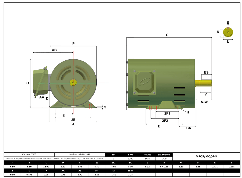 T-Frame Motor 1HP, 1200RPM, 208-230/460V, Frame 145T, ODP, Rolled Steel | MQOP-3 - Forces Inc