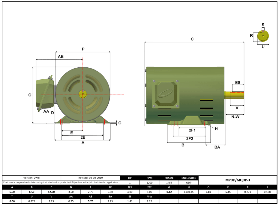 T-Frame Motor 1HP, 1200RPM, 575V, Frame 145T, ODP, Rolled Steel | MPOP-3 - Forces Inc