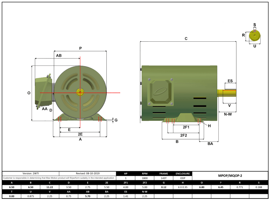 T-Frame Motor 1HP, 1800RPM, 208-230/460V, Frame 143T, ODP, Rolled Steel | MQOP-2 - Forces Inc