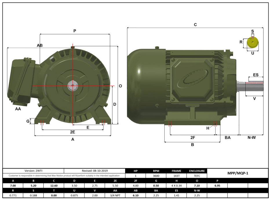 T-Frame Motor 1HP, 3600RPM, 575V, Frame 143T, TEFC, Cast Iron | MPP-1 - Forces Inc