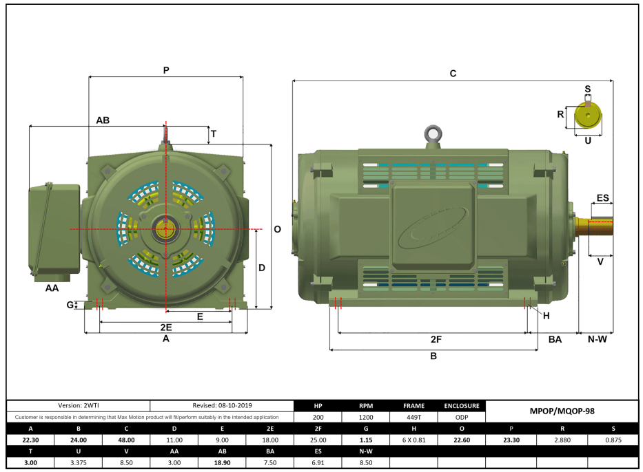 T-Frame Motor 200HP, 1200RPM, 575V, Frame 449T, ODP, Cast Iron | MPOP-98 - Forces Inc