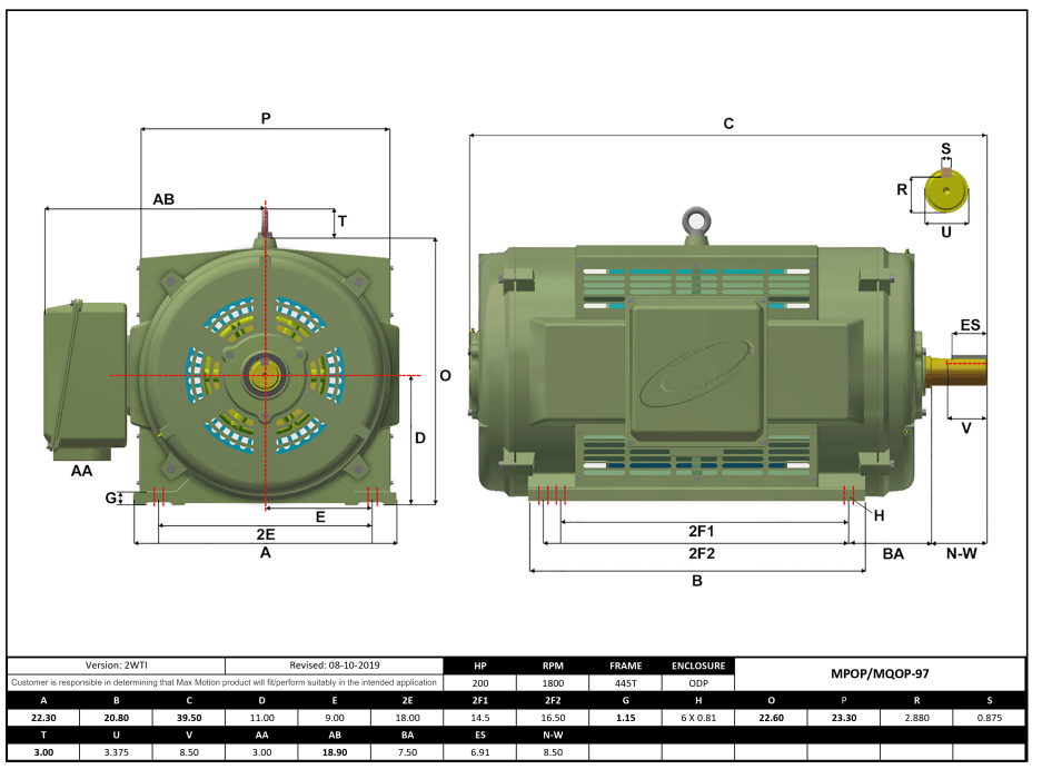 T-Frame Motor 200HP, 1800RPM, 460V, Frame 445T, ODP, Cast Iron | MQOP-97 - Forces Inc
