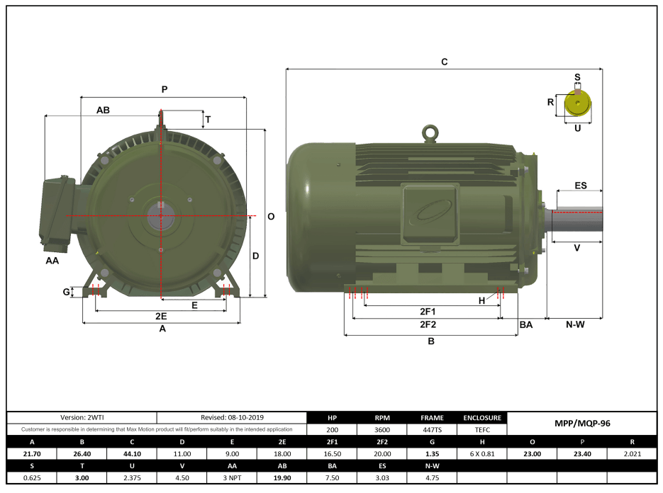 T-Frame Motor 200HP, 3600RPM, 460V, Frame 447TS, TEFC, Cast Iron | MQP-96 - Forces Inc