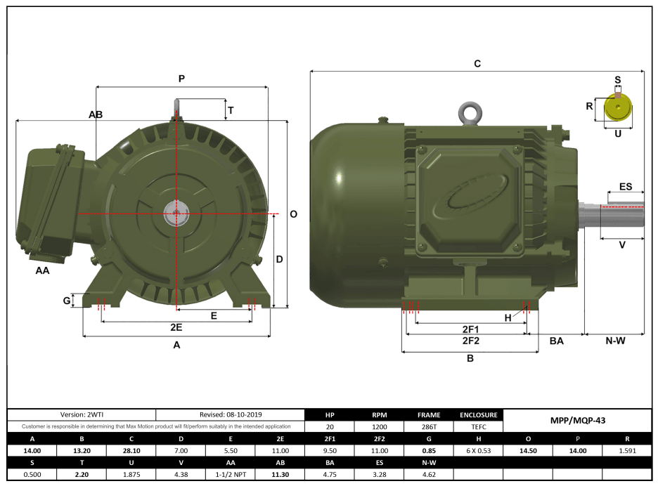 T-Frame Motor 20HP, 1200RPM, 208-230/460V, Frame 284T, TEFC, Cast Iron | MQP-43 - Forces Inc
