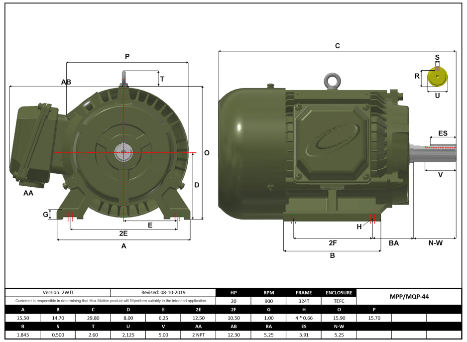 T-Frame Motor 20HP, 900RPM, 208-230/460V, Frame 324T, TEFC, Cast Iron | MQP-44 - Forces Inc