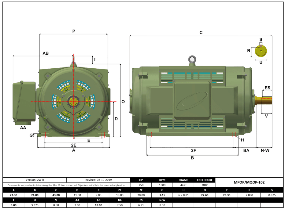 T-Frame Motor 250HP, 1800RPM, 460V, Frame 447T, ODP, Cast Iron | MQOP-102 - Forces Inc