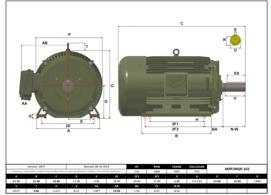 T-Frame Motor 250HP, 1800RPM, 575V, Frame 449T, TEFC, Cast Iron | MPP-102 - Forces Inc