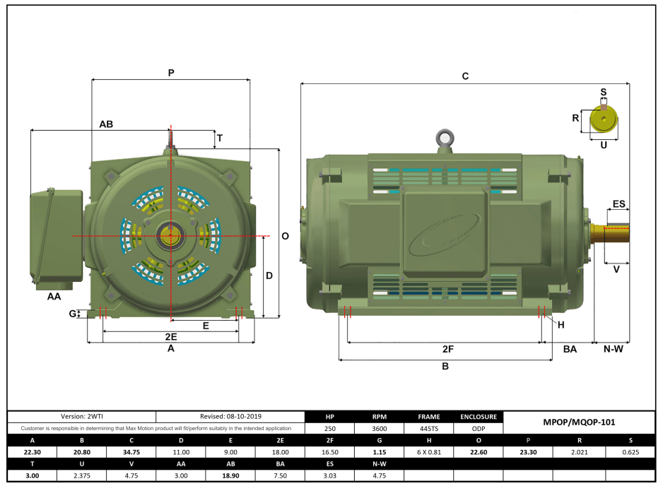 T-Frame Motor 250HP, 3600RPM, 460V, Frame 445TS, ODP, Cast Iron | MQOP-101 - Forces Inc