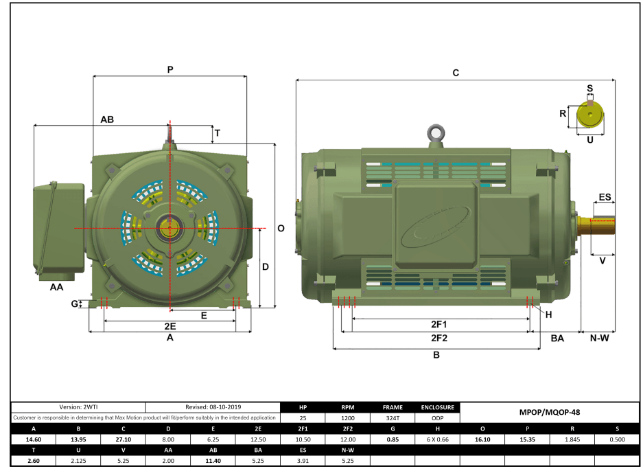 T-Frame Motor 25HP, 1200RPM, 208-230/460V, Frame 324T, ODP, Cast Iron | MQOP-48 - Forces Inc