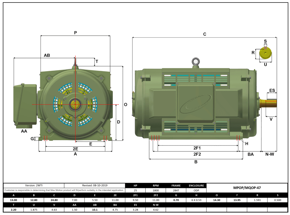 T-Frame Motor 25HP, 1800RPM, 208-230/460V, Frame 284T, ODP, Cast Iron | MQOP-47 - Forces Inc