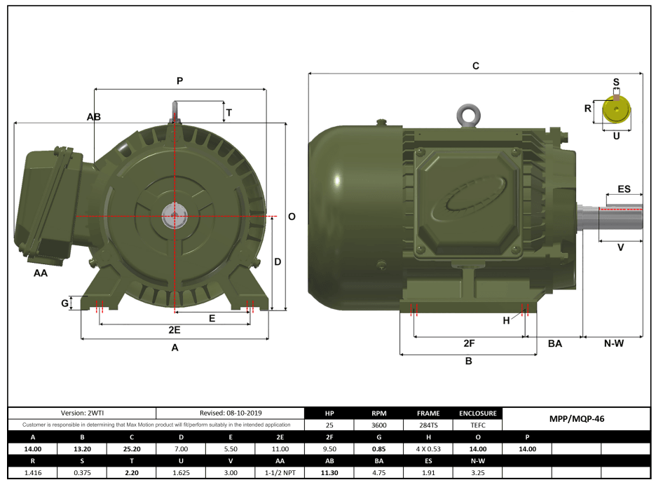 T-Frame Motor 25HP, 3600RPM, 208-230/460V, Frame 284TS, TEFC, Cast Iron | MQP-46 - Forces Inc