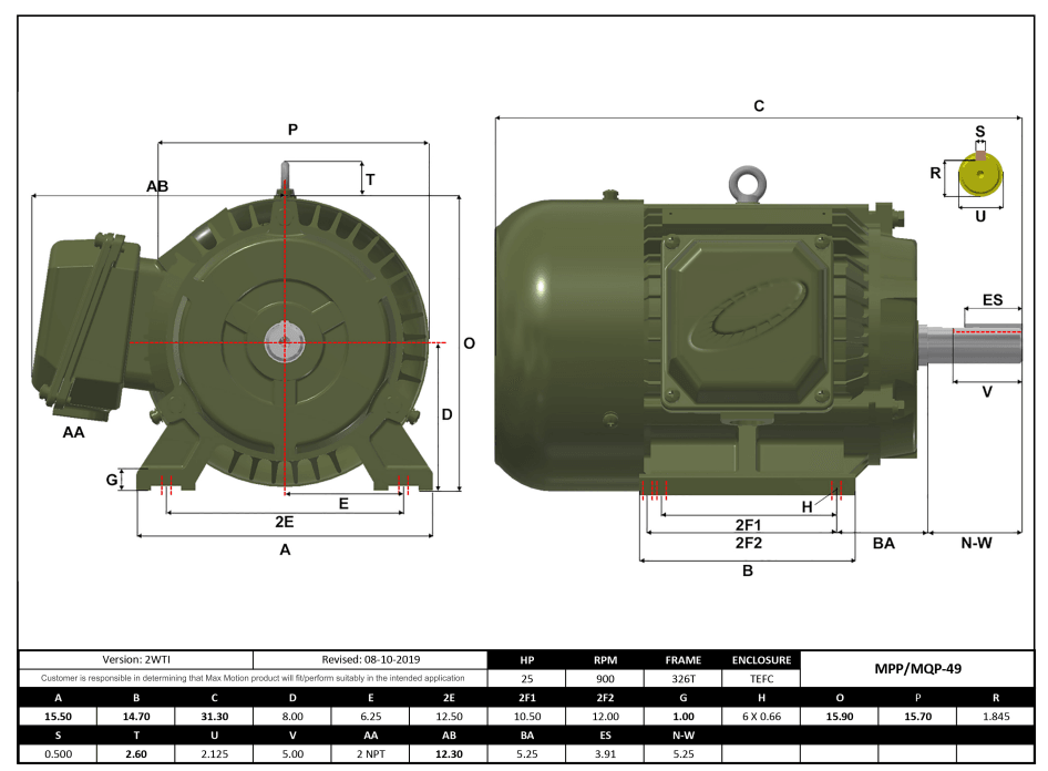 T-Frame Motor 25HP, 900RPM, 208-230/460V, Frame 326T, TEFC, Cast Iron | MQP-49 - Forces Inc
