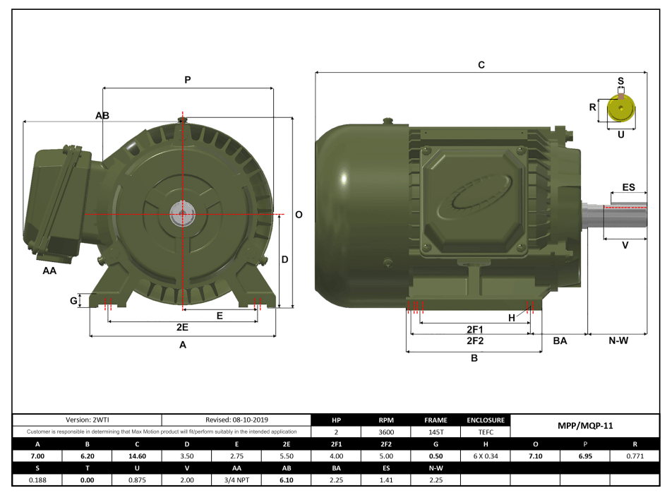 T-Frame Motor 2HP, 3600RPM, 208-230/460V, Frame 145T, TEFC, Cast Iron | MQP-11 - Forces Inc