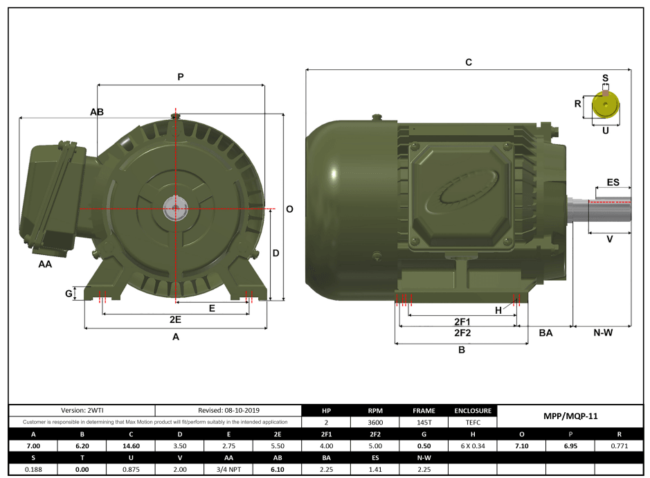T-Frame Motor 2HP, 3600RPM, 575V, Frame 145T, TEFC, Cast Iron | MPP-11 - Forces Inc