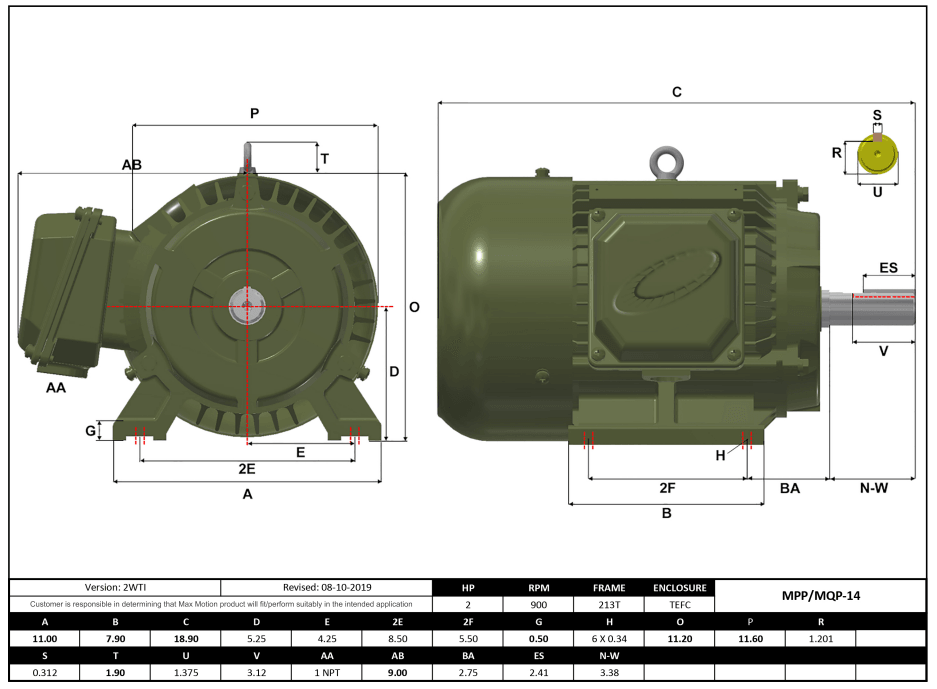 T-Frame Motor 2HP, 900RPM, 208-230/460V, Frame 213T, TEFC, Cast Iron | MQP-14 - Forces Inc