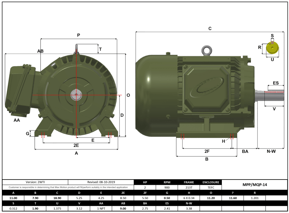 T-Frame Motor 2HP, 900RPM, 575V, Frame 213T, TEFC, Cast Iron | MPP-14 - Forces Inc
